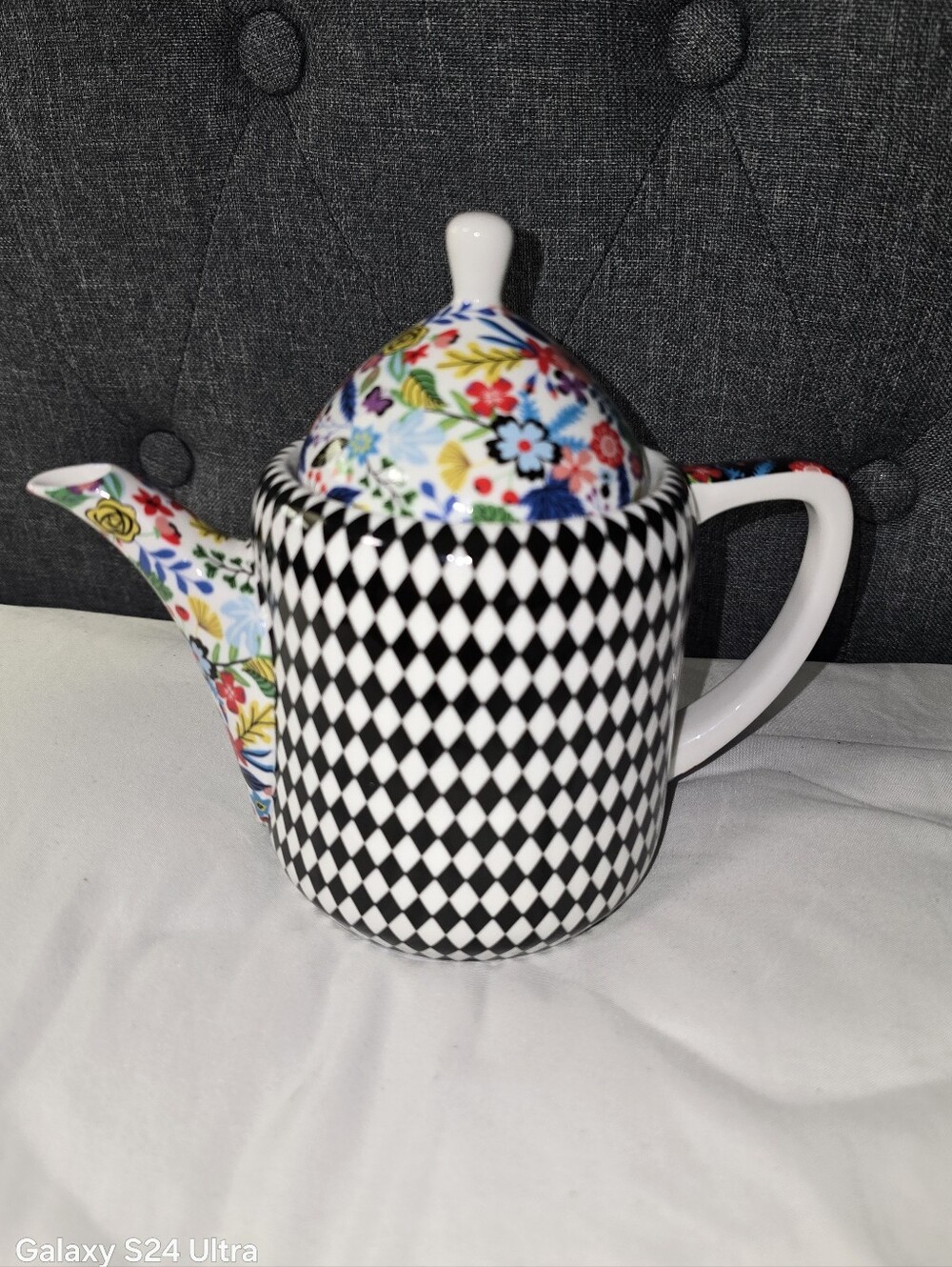 Black & White Harlequin Teapot with Floral Lid and Spout